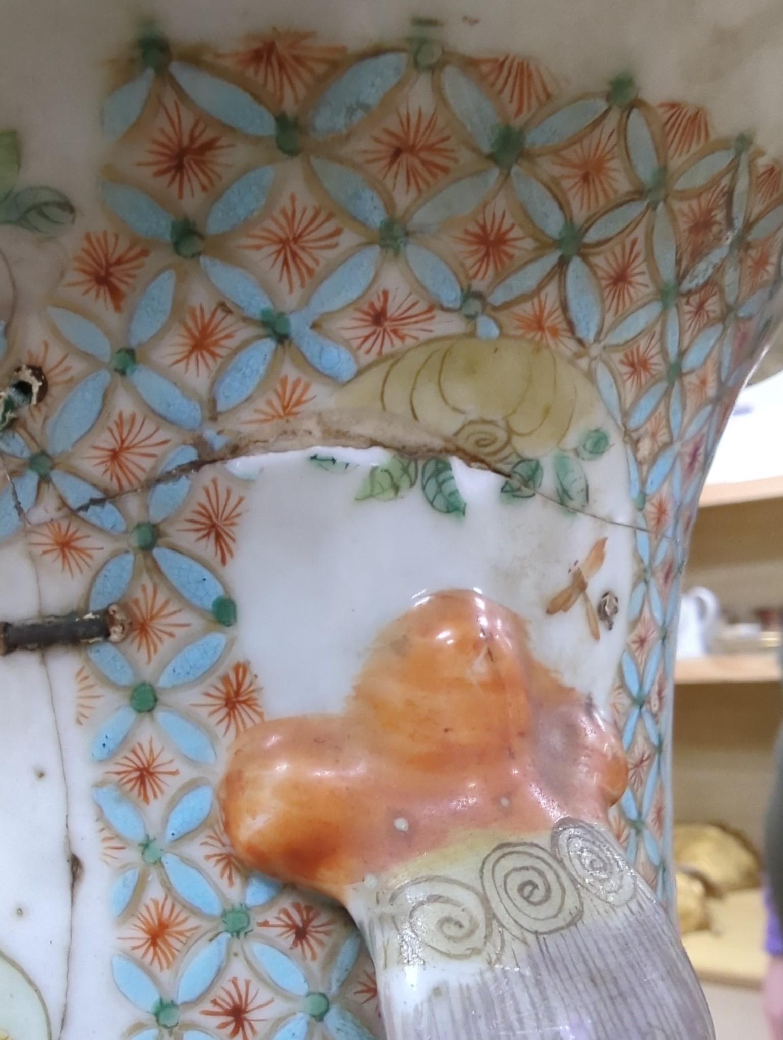 A large pair of Chinese export famille verte dragon vases (in need of restoration), 63cms high